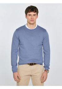 Big-Star - Sweter męski bawełniany niebieski Simoner 402. Okazja: na co dzień, do pracy. Kolor: niebieski. Materiał: bawełna. Długość rękawa: długi rękaw. Długość: długie. Wzór: gładki, aplikacja, ze splotem. Sezon: zima, jesień. Styl: casual, elegancki, klasyczny #1