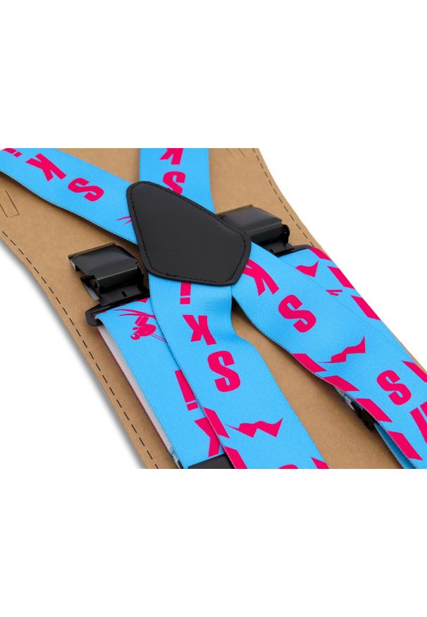 Modini - Szerokie błękitno-różowe narciarskie szelki do spodni - SKI T29. Kolor: różowy, wielokolorowy, niebieski. Materiał: skóra, guma