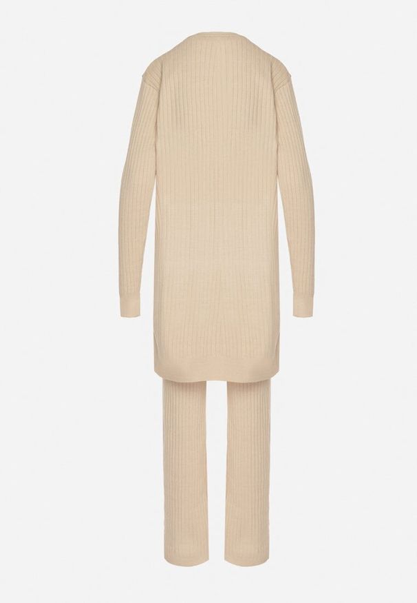 Born2be - Jasnobeżowy Komplet Dzianinowy z Bawełną Spodnie Kamizelka i Długi Kardigan Meviravia. Kolor: beżowy. Materiał: bawełna, dzianina