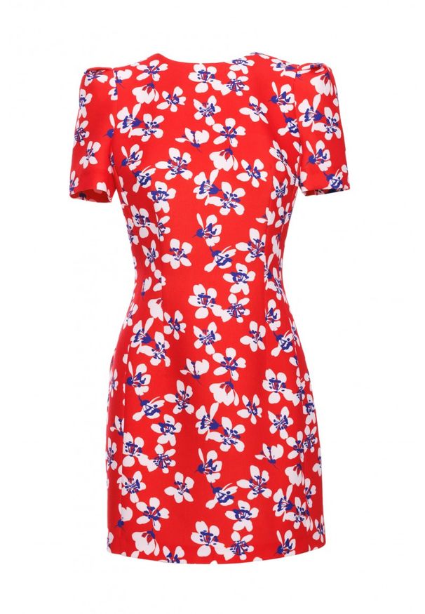 MOE - Elegancka sukienka trapezowa mini czerwona. Typ kołnierza: typu klepsydra. Kolor: czerwony, pomarańczowy. Materiał: tkanina. Długość rękawa: krótki rękaw. Wzór: nadruk. Typ sukienki: trapezowe. Styl: elegancki. Długość: mini