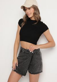 Born2be - Czarne Jeansowe Spódnico-Spodenki Jeansowe z Bawełny z Wysokim Stanem Neliatha. Okazja: na co dzień. Stan: podwyższony. Kolor: czarny. Materiał: jeans, bawełna. Długość: krótkie. Styl: elegancki, wizytowy, casual #7