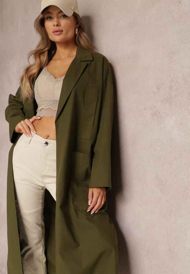 Renee - Zielony Płaszcz z Wiązanym Paskiem Oversize Terethia. Kolor: zielony. Materiał: materiał. Wzór: aplikacja