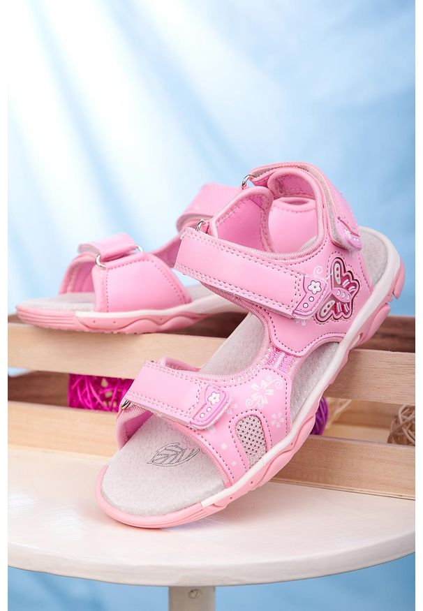 Casu - różowe sandały na rzepy ze skórzaną wkładką casu 7014. Zapięcie: rzepy. Kolor: różowy. Materiał: skóra