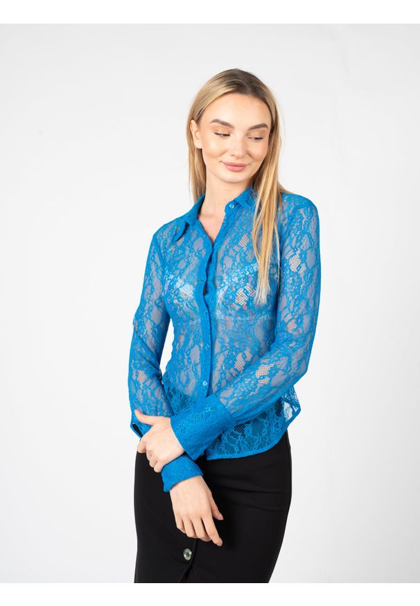 Pinko Koszula "Cortese" | 100368 7585 | Kobieta | Niebieski. Typ kołnierza: kołnierzyk klasyczny. Kolor: niebieski. Materiał: poliamid, elastan. Długość: długie. Wzór: koronka. Styl: klasyczny, elegancki