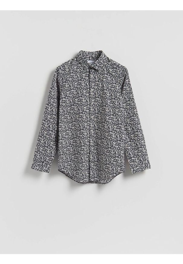 Reserved - Koszula slim fit w drobne kwiaty - granatowy. Kolor: niebieski. Materiał: tkanina, bawełna. Wzór: kwiaty
