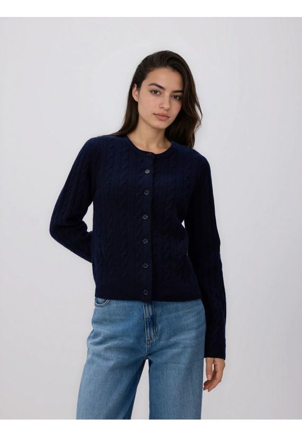 Reserved - Wełniany kardigan - granatowy. Kolor: niebieski. Materiał: wełna