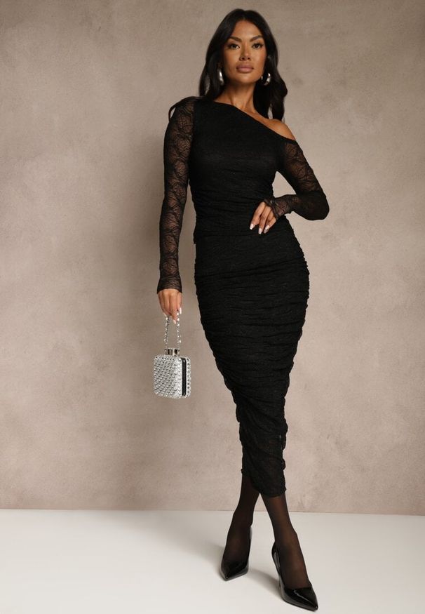 Renee - Czarny Komplet z Koronki Ołówkowa Spódnica i Longsleeve Off Shoulder Nerinaera. Kolor: czarny. Materiał: koronka. Wzór: koronka