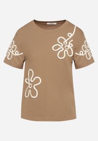 Born2be - Jasnobrązowy T-shirt z Kwiatowymi Aplikacjami Tilenna. Okazja: na co dzień. Kolor: brązowy. Materiał: jeans. Wzór: aplikacja, kwiaty. Styl: klasyczny, elegancki, casual #5