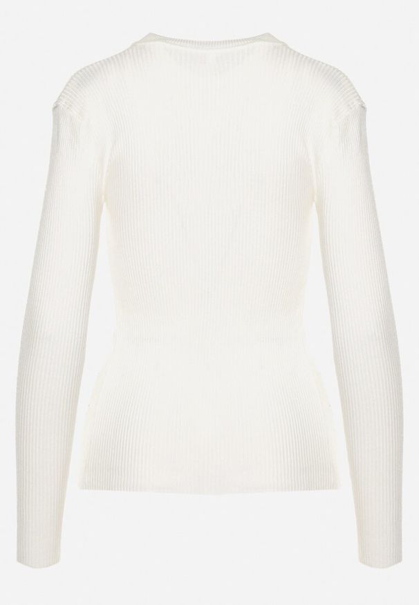 Born2be - Biały Sweter Prążkowany z Cyrkoniami Romivra. Okazja: na co dzień. Kolor: biały. Materiał: prążkowany. Długość rękawa: długi rękaw. Długość: długie. Styl: casual, elegancki