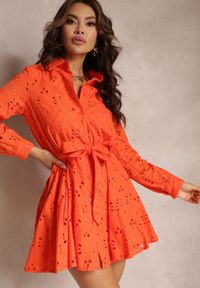 Renee - Pomarańczowa Koszulowa Sukienka Ażurowa z Wiązanym Paskiem Faeyela. Kolor: pomarańczowy. Materiał: materiał. Wzór: ażurowy. Typ sukienki: koszulowe