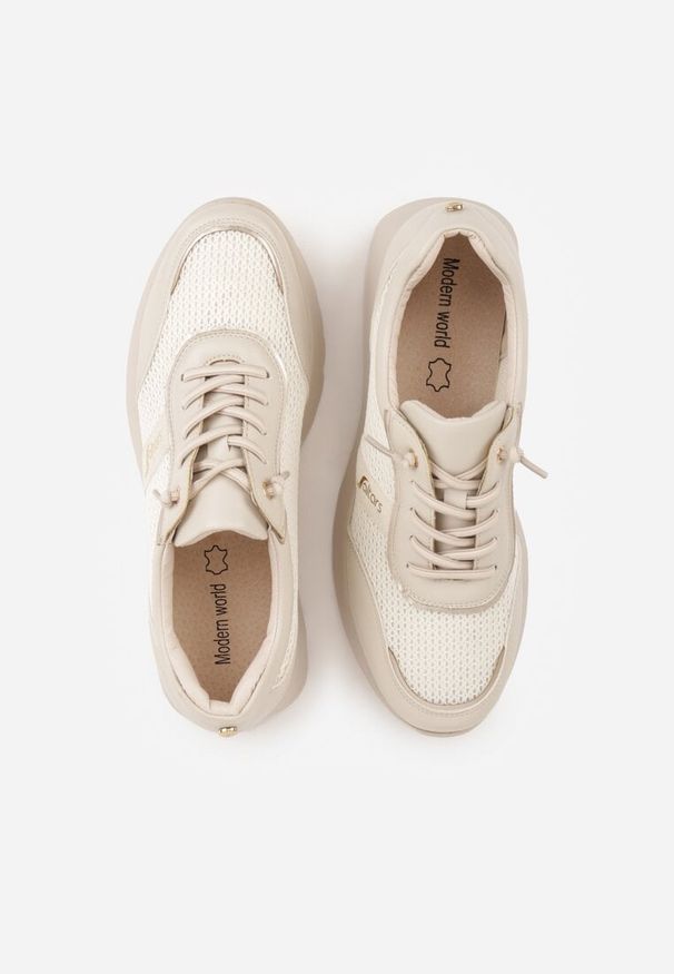 Renee - Beżowe Sneakersy na Platformie z Wkładką ze Skóry Naturalnej i Napisam Haidena. Okazja: na co dzień. Zapięcie: sznurówki. Kolor: beżowy. Materiał: skóra. Wzór: napisy. Obcas: na platformie