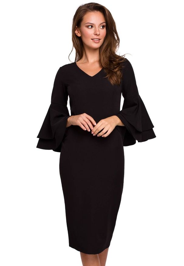 Makover - Elegancka sukienka midi z ozdobnymi rękawami. Typ sukienki: ołówkowe. Styl: elegancki. Długość: midi