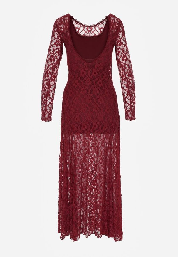 Born2be - Bordowa Koronkowa Sukienka Taliowana z Odkrytymi Plecami Talifera. Kolor: czerwony. Materiał: koronka. Długość rękawa: na ramiączkach. Wzór: koronka. Styl: klasyczny, elegancki
