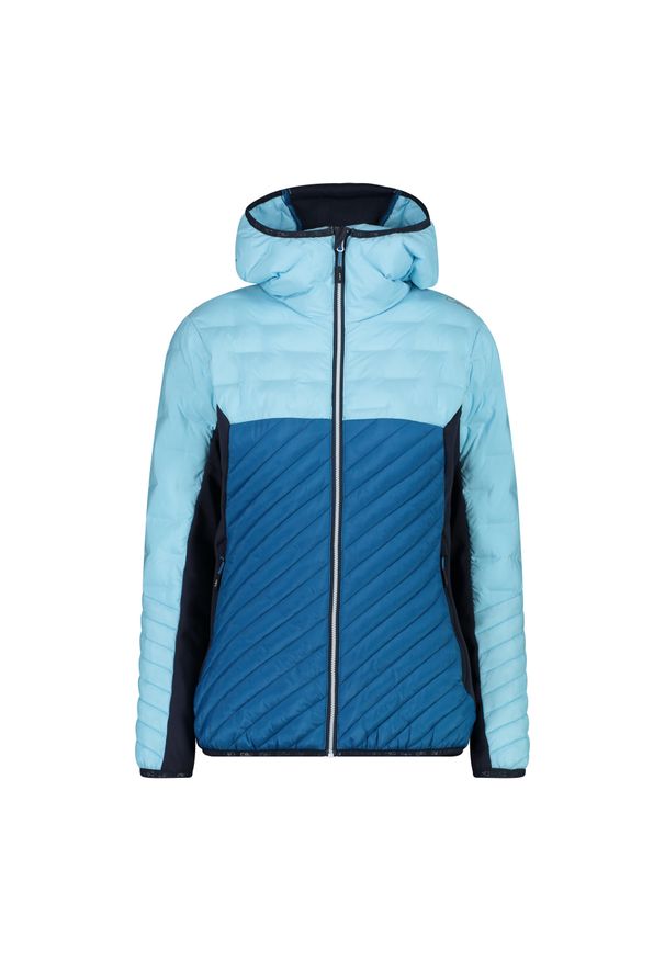 Hybrydowa kurtka damska z kapturem CMP Unlimitech. Typ kołnierza: kaptur. Kolor: niebieski, zielony, wielokolorowy. Materiał: puch. Sport: turystyka piesza