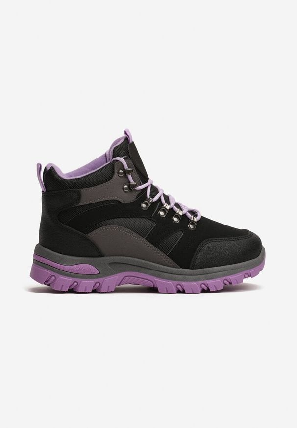 Born2be - Czarno-Fioletowe Buty Trekkingowe Trapery Vices Ozdobione Przeszyciami Narrive. Okazja: na co dzień. Wysokość cholewki: przed kolano. Kolor: czarny. Materiał: dresówka. Szerokość cholewki: normalna. Wzór: aplikacja. Styl: casual