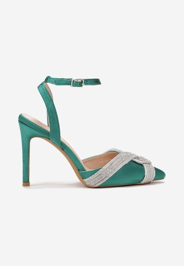 Renee - Zielone Sandały Bellen. Zapięcie: pasek. Kolor: zielony. Materiał: satyna. Styl: glamour