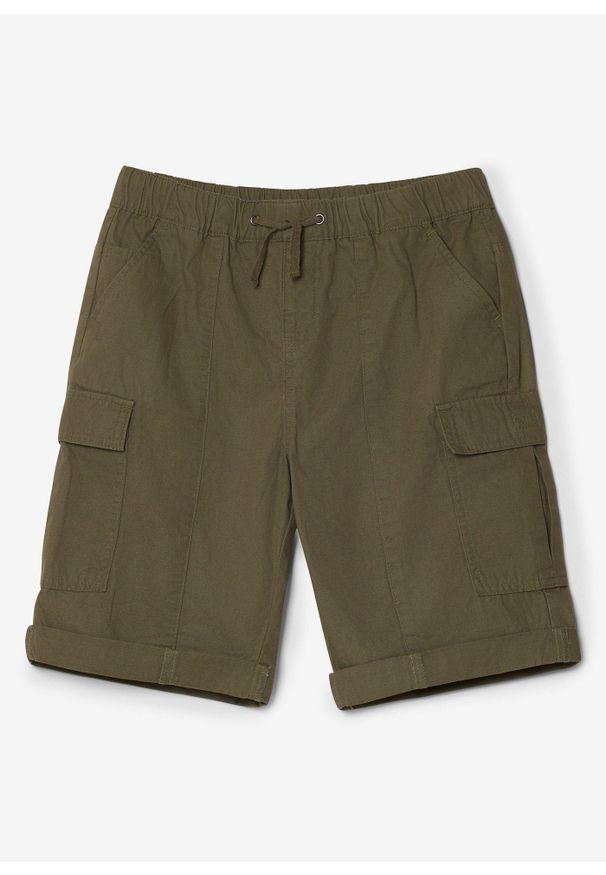 bonprix - Bermudy bojówki z gumką w talii, z czystej bawełny, regular fit. Kolor: zielony. Materiał: bawełna