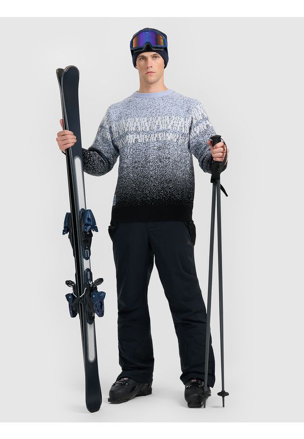 4f - 4F Sweter męski - granatowy L. Okazja: na co dzień. Kolor: niebieski. Materiał: wełna. Długość rękawa: raglanowy rękaw. Wzór: aplikacja, gradientowy. Styl: casual, sportowy