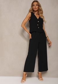 Renee - Czarny Komplet z Bawełny Bluzka z Guzikami Szerokie Spodnie z Gumką w Talii Floricella. Kolor: czarny. Materiał: bawełna. Wzór: aplikacja #1