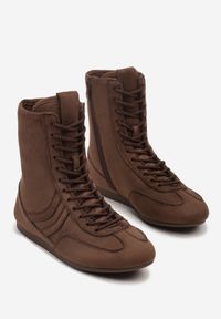 Born2be - Brązowe Sznurowane Sneakersy w Stylu Bokserskim Havanne. Okazja: na co dzień. Kolor: brązowy. Materiał: jeans #6