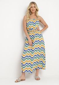 Born2be - Niebiesko-Żółta Sukienka z Wiskozy z Cienkimi Ramiączkami i Paskiem w Talii Vikiri. Okazja: na randkę, na co dzień. Typ kołnierza: dekolt kwadratowy. Kolor: niebieski. Materiał: wiskoza. Długość rękawa: na ramiączkach. Styl: casual #1