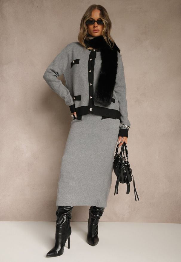 Renee - Czarno-Szary Sweterkowy Komplet z Dzianiny z Bawełną Kardigan i Spódnica Derrive. Kolor: czarny. Materiał: dzianina, bawełna. Wzór: aplikacja