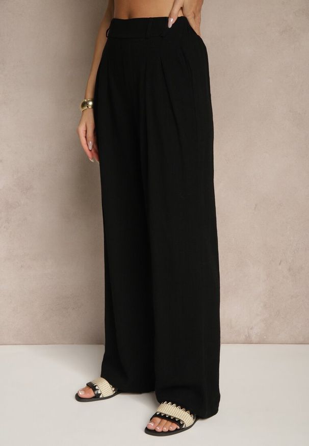 Renee - Czarne Spodnie z Bawełną i Lnem High Waist o Szerokim Kroju Turina. Okazja: na co dzień. Stan: podwyższony. Kolor: czarny. Materiał: len, bawełna. Styl: klasyczny, casual