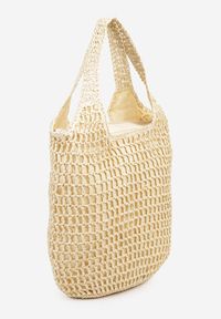 Renee - Beżowa Torebka Shopperka z Plecionki Ozdobiona Napisami Navillian. Kolor: beżowy. Wzór: napisy, aplikacja. Styl: elegancki, casual