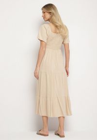 Born2be - Beżowa Sukienka z Wiskozą Lnem i Elastyczną Górą Ellisena. Okazja: na spacer, na co dzień. Kolor: beżowy. Materiał: wiskoza, len. Typ sukienki: proste. Styl: elegancki, casual, klasyczny #3