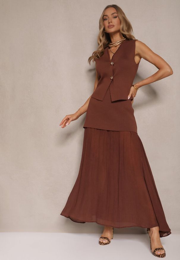 Renee - Brązowy Komplet z Wiskozą Spódnica o Rozkloszowanym Kroju i Kamizelka Ozdobiona Guzikami Felilya. Kolor: brązowy. Materiał: wiskoza. Wzór: aplikacja