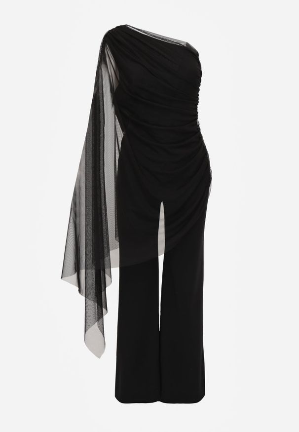 Renee - Czarny Kombinezon Elegancki o Asymetrycznym Kroju z Lekką Narzutką na Ramię Naeranie. Kolor: czarny. Styl: elegancki