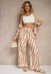 Renee - Beżowo-Białe Spodnie o Szerokim Kroju High Waist Ozdobione Paskami Lisamelia. Okazja: na co dzień. Stan: podwyższony. Kolor: beżowy. Wzór: aplikacja. Styl: klasyczny, casual, elegancki #5