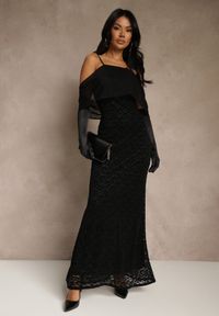 Renee - Czarna Sukienka o Asymetrycznym Kroju Ozdobiona Falbaną Owedia. Kolor: czarny. Materiał: poliester. Wzór: aplikacja. Typ sukienki: asymetryczne. Styl: elegancki #1