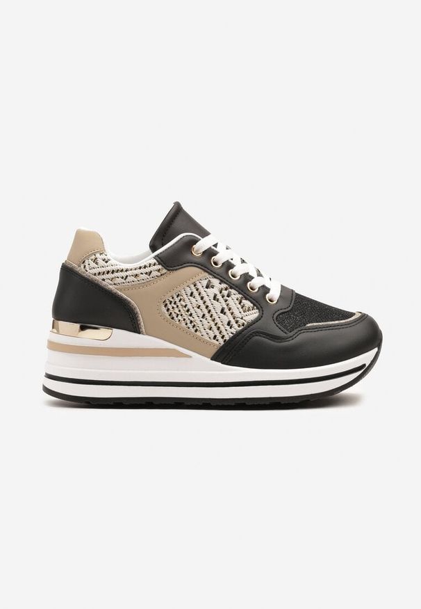 Renee - Czarne Sneakersy na Koturnie z Geometrycznym Wzorem i Brokatem Tillineira. Okazja: na co dzień. Zapięcie: sznurówki. Kolor: czarny. Materiał: jeans. Wzór: geometria. Obcas: na koturnie