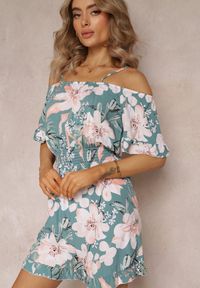 Renee - Niebieski Kombinezon z Opuszczonymi Rękawami i Gumkami w Pasie Gelissa. Kolor: niebieski. Długość rękawa: na ramiączkach. Długość: krótkie. Wzór: kwiaty. Sezon: lato, wiosna