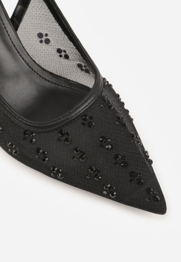 Renee - Czarne Sandały Slingback na Szpilce z Siateczki Zdobione Cyrkoniami Lilinyra. Nosek buta: szpiczasty. Kolor: czarny. Materiał: skóra. Wzór: aplikacja. Obcas: na szpilce. Styl: elegancki