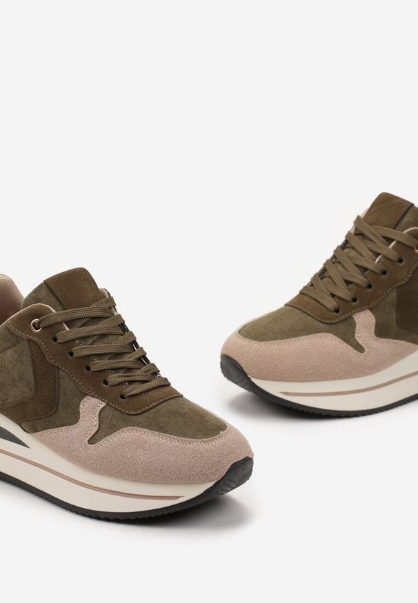 Renee - Zielone Sneakersy przed Kostkę na Grubej Podeszwie Raviva. Wysokość cholewki: przed kostkę. Kolor: zielony, beżowy