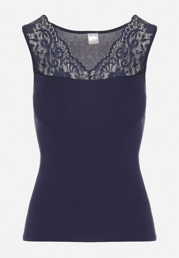 Born2be - Granatowy Top z Bawełny z Koronką Arionor. Okazja: na co dzień. Kolor: niebieski. Materiał: bawełna, koronka. Wzór: koronka. Styl: klasyczny, casual