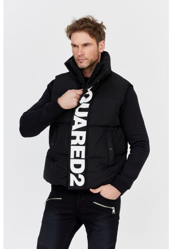 DSQUARED2 Czarny męski puchowy bezrękawnik z dużym logo, Rozmiar 52. Kolor: czarny. Materiał: puch. Długość rękawa: bez rękawów