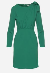 Born2be - Ciemnozielona Dopasowana Sukienka Koktajlowa Ozdobiona Kokardą i Rozcięciem na Linnaea. Okazja: na co dzień. Typ kołnierza: kokarda. Kolor: zielony. Wzór: aplikacja. Typ sukienki: dopasowane. Styl: wizytowy #4