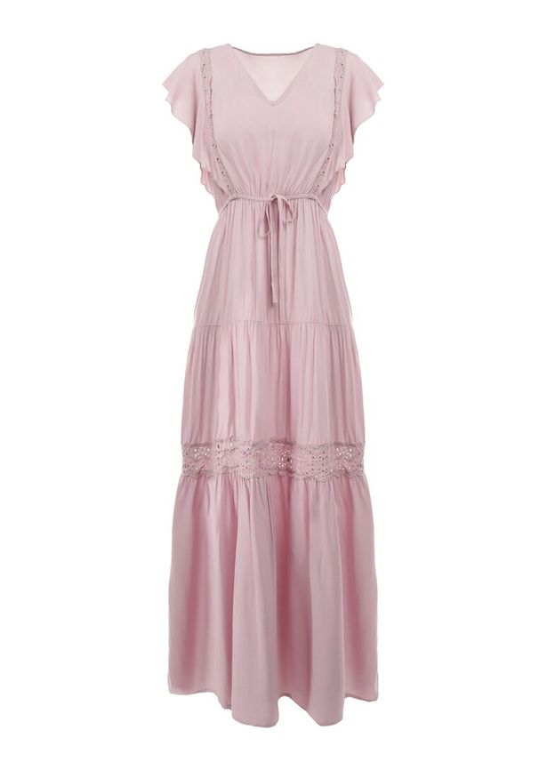 Born2be - Jasnoróżowa Sukienka Cileis. Typ kołnierza: kołnierz z falbankami. Kolor: różowy. Materiał: koronka, wiskoza. Długość rękawa: krótki rękaw. Wzór: geometria. Długość: maxi