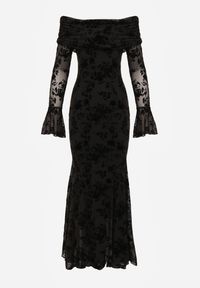 Renee - Czarna Wizytowa Sukienka VICES Off Shoulder z Kwiatowym Wzorem z Weluru Adrakharei. Okazja: na imprezę. Kolor: czarny. Materiał: welur. Wzór: kwiaty. Styl: wizytowy #8