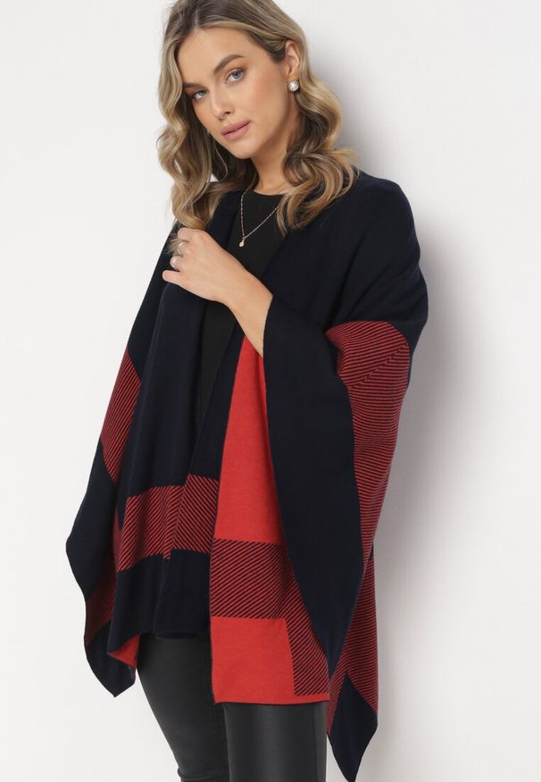 Born2be - Granatowy Niezapinany Kardigan Ponczo Oversize Shelsie. Kolor: niebieski