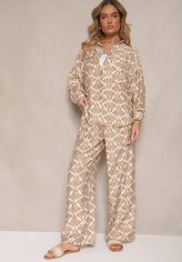 Renee - Beżowo-Brązowy Komplet z Wiskozy Koszula i Spodnie w Ornamentalny Print Desanelia. Kolor: beżowy. Materiał: wiskoza. Wzór: nadruk #5