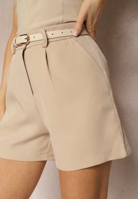 Renee - Beżowe Szorty Bermudy High Waist o Eleganckim Wykończeniu Verpia. Okazja: na imprezę. Stan: podwyższony. Kolor: beżowy. Sezon: lato. Styl: elegancki #4