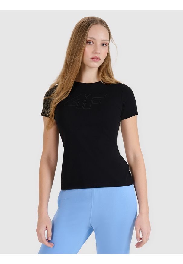 4f - 4F T-shirt slim z nadrukiem damski - czarny XS. Okazja: na co dzień. Kolor: czarny. Materiał: dzianina, bawełna, jersey, materiał, elastan. Wzór: nadruk. Styl: klasyczny, sportowy, casual