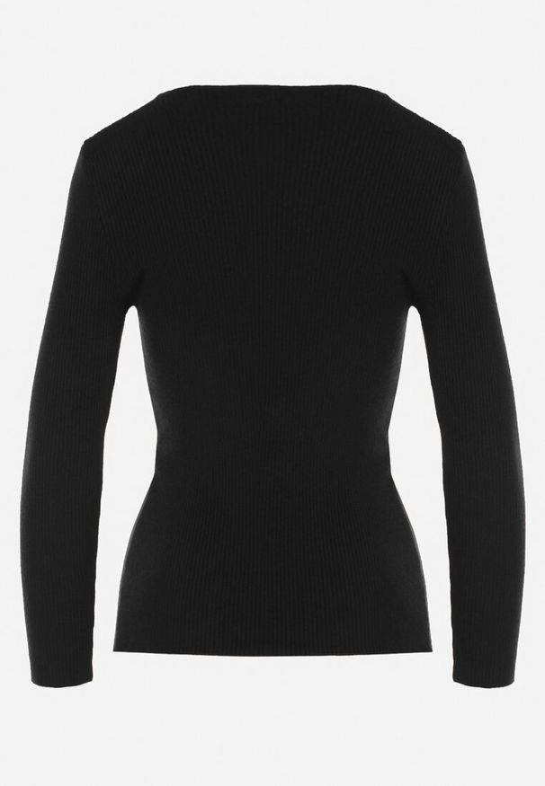 Born2be - Czarny Dopasowany Sweter z Prążkowanej Dzianiny z Bawełną z Dekoltem w Serek Tesma. Okazja: na co dzień. Typ kołnierza: dekolt w serek. Kolor: czarny. Materiał: prążkowany, dzianina, bawełna. Długość rękawa: długi rękaw. Długość: długie. Styl: casual, elegancki