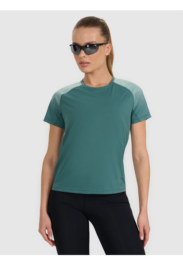 4f - 4F Koszulka do biegania w terenie szybkoschnąca damska - turkusowa S. Kolor: turkusowy. Materiał: tkanina, włókno, materiał. Długość rękawa: raglanowy rękaw
