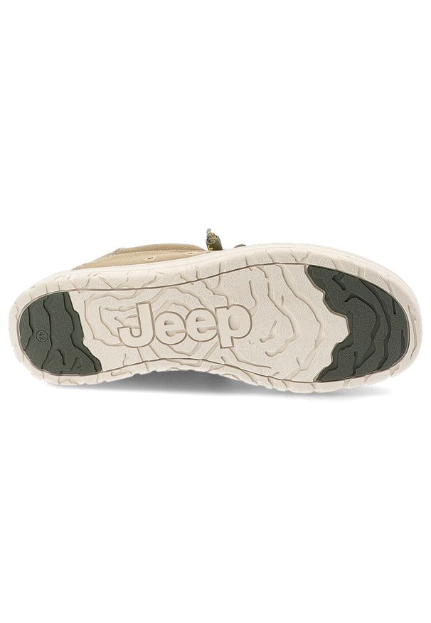 Półbuty męskie Jeep, na platformie wsuwane materiałowe z okrągłym noskiem, khaki, JM51032A-036. Okazja: na co dzień. Nosek buta: okrągły. Zapięcie: bez zapięcia. Kolor: beżowy. Materiał: materiał. Szerokość cholewki: normalna. Obcas: na platformie. Styl: casual, elegancki, wakacyjny