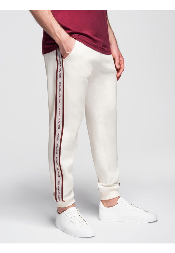 Ombre Clothing - Sportowe spodnie męskie jogger z lampasami – kremowe V2 - Rozmiar: XXL. Okazja: na co dzień. Kolor: kremowy. Materiał: bawełna, poliester. Styl: sportowy